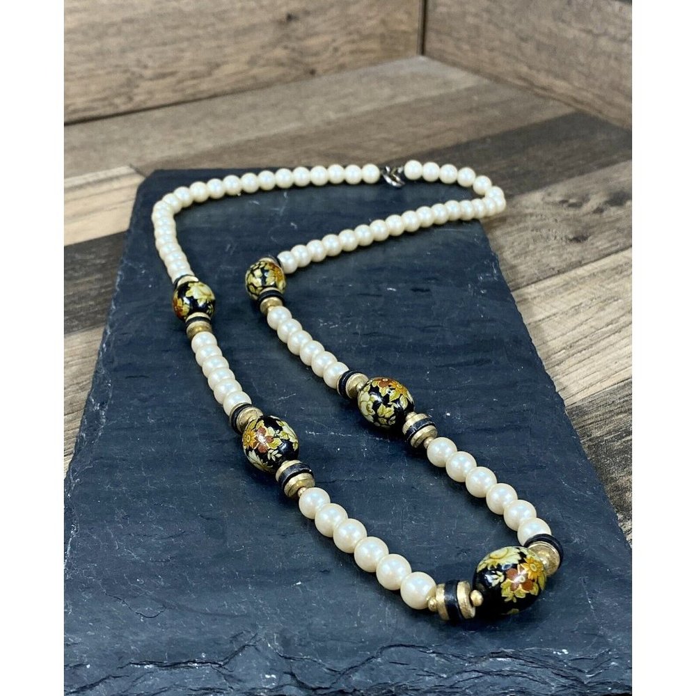 Vintage Cloisonne Bead Necklace Brass Asian Floral Design Handmade Gold Black